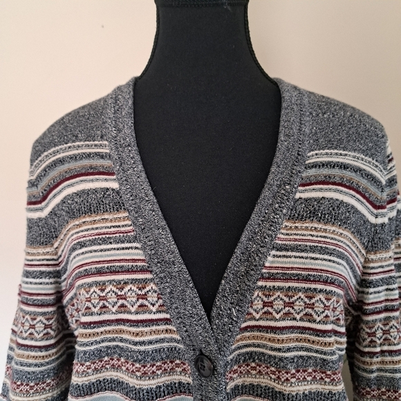 Eddie Bauer Cardigan Sweater Women's Size Medium Stripes Grey Neutrals - Picture 6 of 15